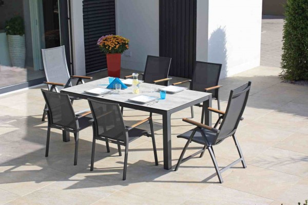 Zebra Alus Tisch 160 x 90 cm Aluminiumgestell graphite mit wählbarer Tischplatte und optional Fly Sessel und Hochlehner