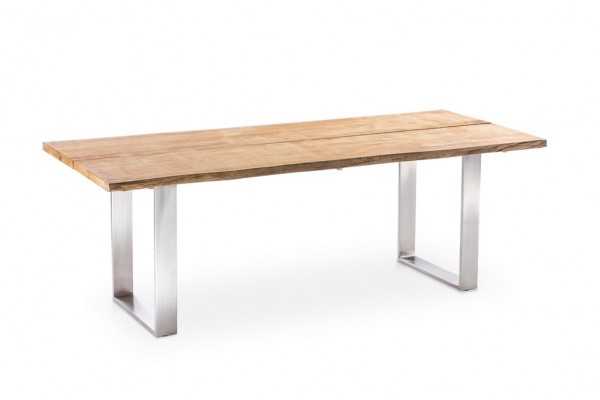 Niehoff Solid Tisch Teak gebürstet mit Baumkante und Edelstahl Profilkufe